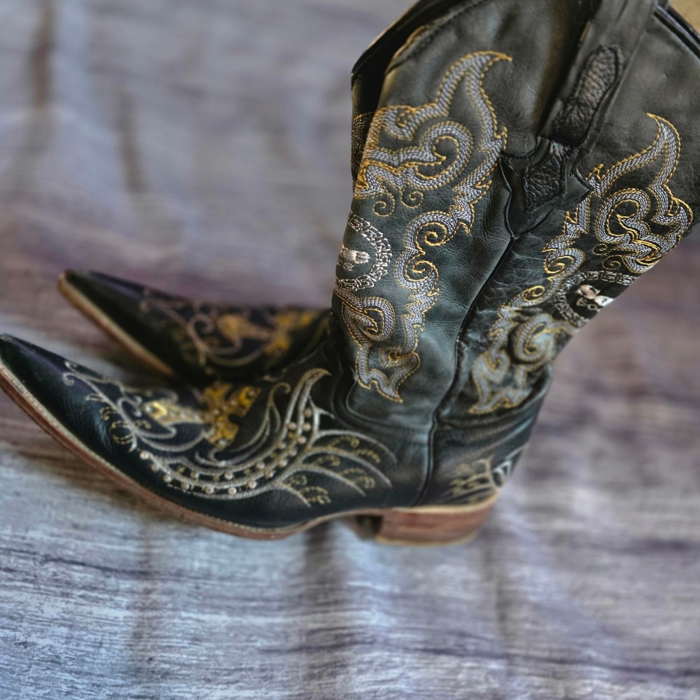 Soto Boots Black Leather Embroidered Cross Western Cowboy Boots Mens 9 Mexico